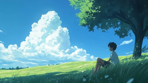Boy rests under shade tree facing towering summer clouds