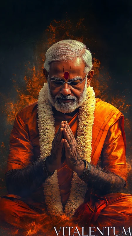 Elderly man in orange robe with garland in prayer posture.