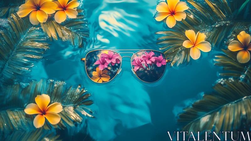 Sunglasses Reflect Tropical Flowers Above Water Surface