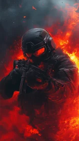 Tactical operator in incendiary combat vortex, high detail.