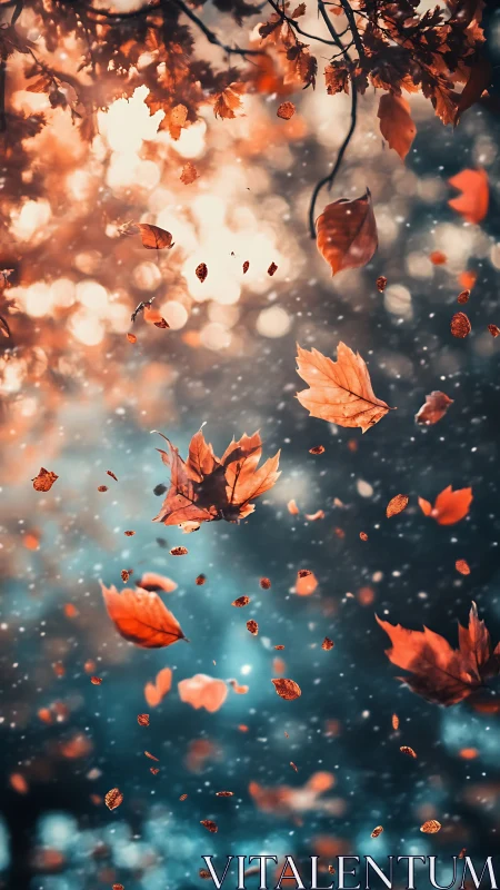 Autumn maple leaves swirl through glowing bokeh dusk sky.