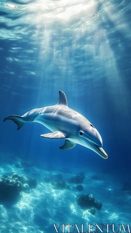 Sunlit dolphin glides through tranquil crystal blue waters
