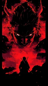 Lone swordsman stalks beneath a horned crimson nightmare.