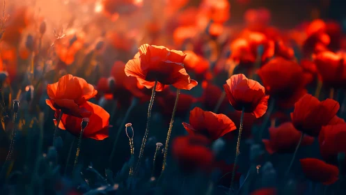 Field of red poppies illuminated by warm golden sunlight