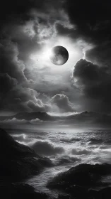 Monochrome lunar eclipse hangs above storm-lashed ocean