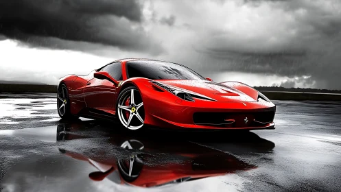 Red supercar cuts through stormy track with reflective drama