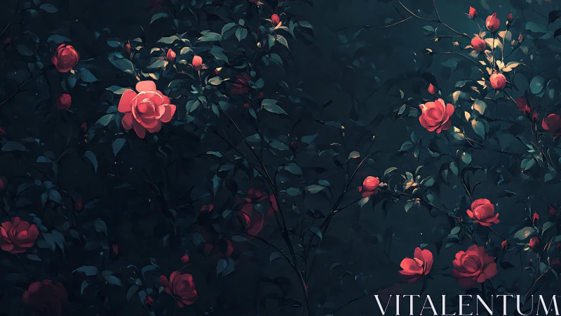 Nocturnal Roses: Luminous Coral Blooms Against Deep Teal Foliage.