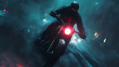 Midnight neon rider slicing rainlit cyberpunk streets.