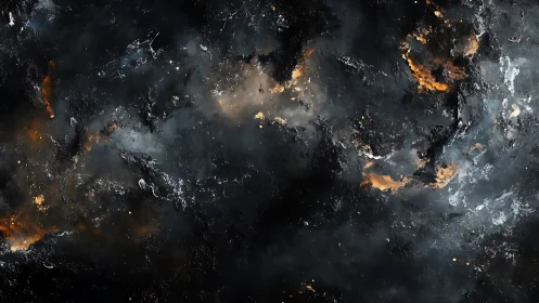 Dark abstract nebula with orange and gray textured clouds.