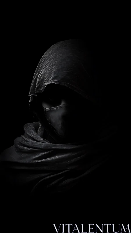 Shadowed wanderer cloaked in midnight silk and silence.