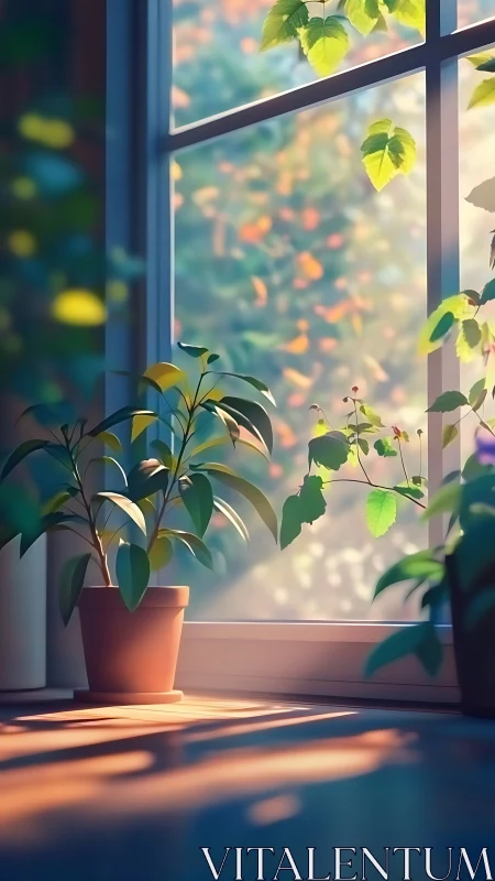 Sunlit potted plants by a bright window in soft focus.