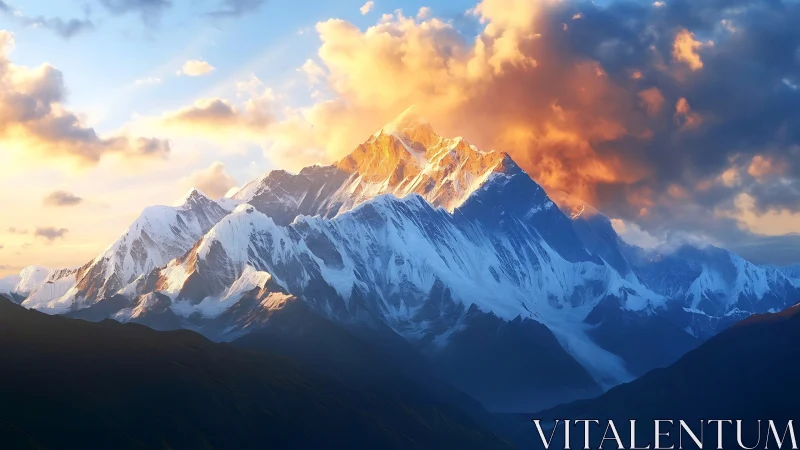 Sunlit snow peaks rise beneath glowing storm clouds