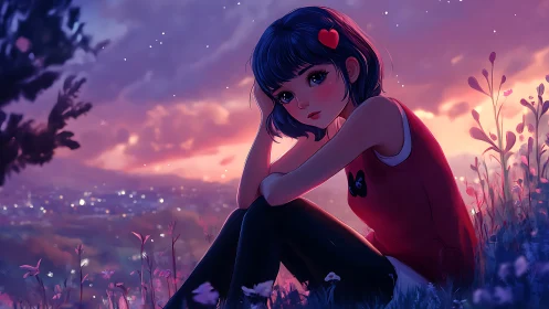Young figure sits in stylized field under dusk sky