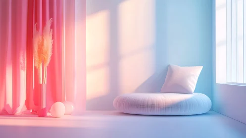 Soft pastel lounge corner with round cushion seating.