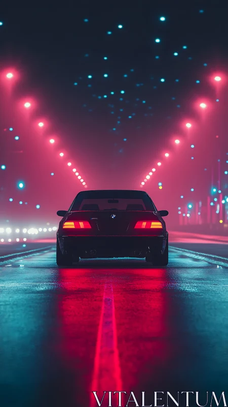 Neon dusk pursuit with a lone coupe on glowing rain streets.