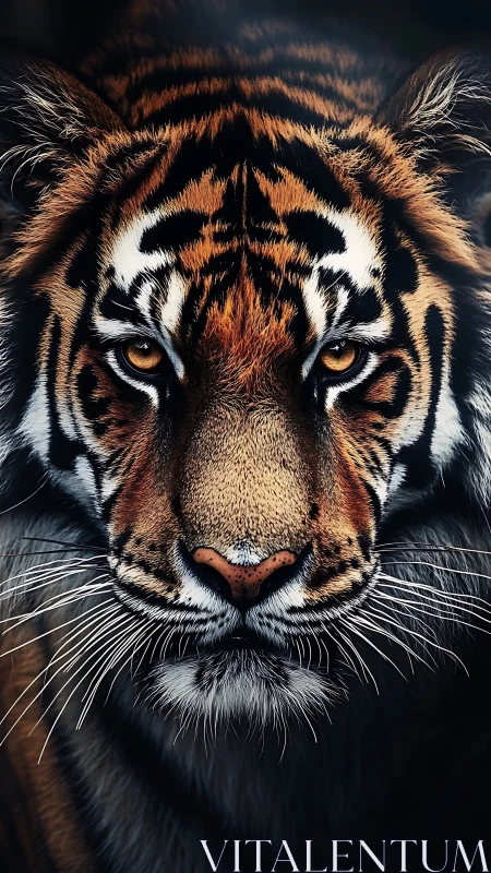 Majestic tiger portrait with intense gaze and rich fur detail.