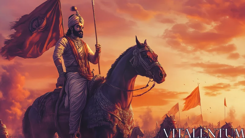 Sunlit warrior king riding into a glowing crimson dawn.