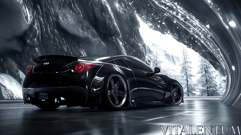 Parametric black coupe under glacial tunnel reflections.