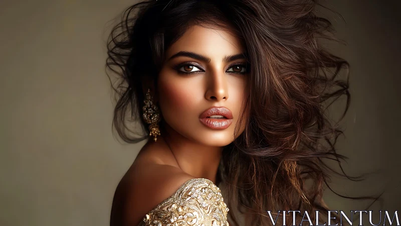 Photorealistic portrait with windswept hair and gold detail.