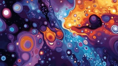 Celestial paint bubbles collide in neon cosmic surfscape.