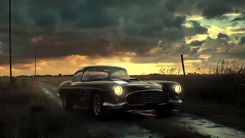 Classic coupe on wet rural road under stormy sunset sky.