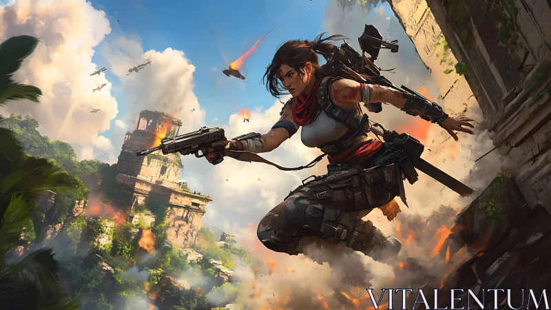 Heavily armed raider leaps from ruins amid aerial bombardment