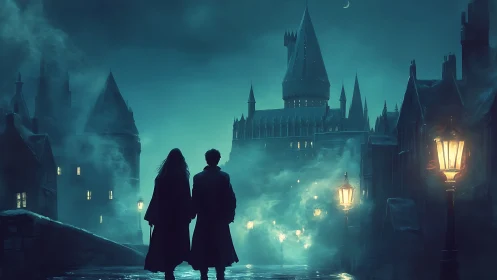 Nocturnal cloaked figures crossing fog dense gothic causeway.