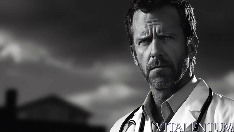 Brooding doctor stands beneath storm-heavy monochrome sky.