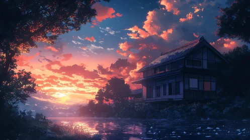 Lakeside Japanese house glows beneath a vivid sunset sky.