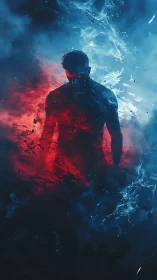 Bipolar elemental silhouette in red plasma and blue vapor field.
