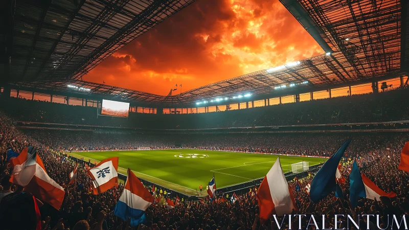 Champions League stadium under blazing sunset sky