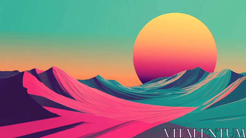Neon dunes flow beneath a surreal gradient sunset orb.