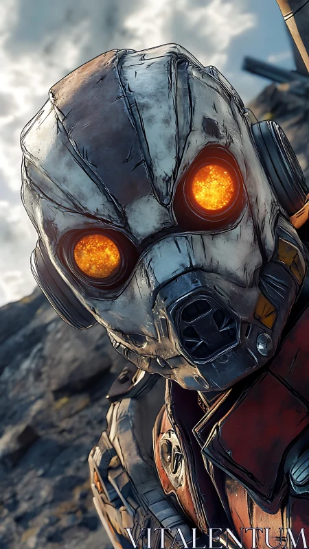 Postapocalyptic combat android with incandescent optic cores.