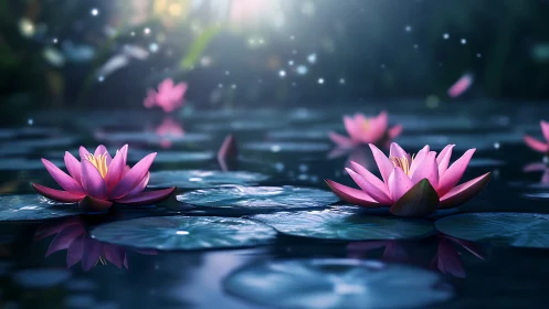 Ethereal Pink Lotus Flowers Floating in Serene Waters.