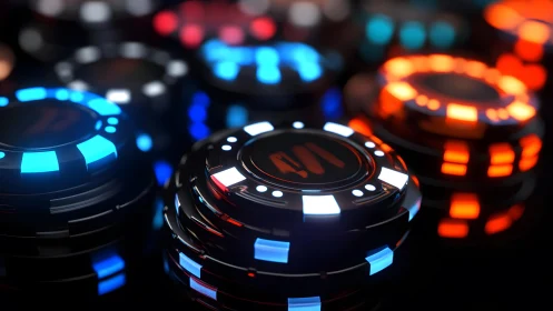 Stacks of Neon Casino Chips in Close-Up, Modern Digital Style.