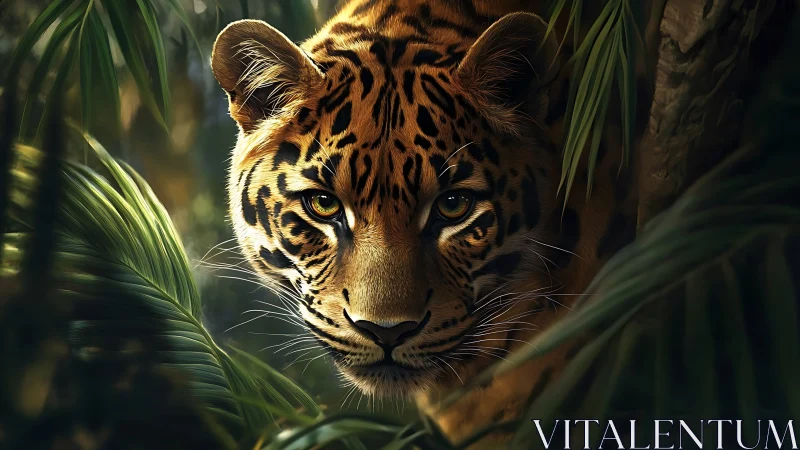 Predatory jaguar gaze emerging through shadowed jungle foliage.