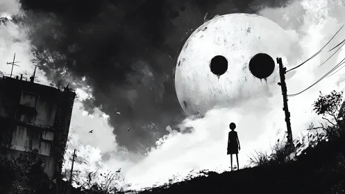 Solitary child under looming double-eyed moon sky.
