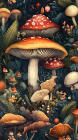 Detailed digital scene of forest mushrooms and foliage.