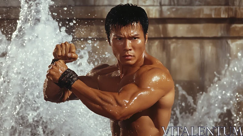 Water-splashed martial artist coiled in focused fury stance.