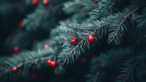 Evergreen needles and red berries sharing a quiet winter moment.