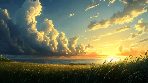 Sunset clouds over coastal field with glowing horizon.