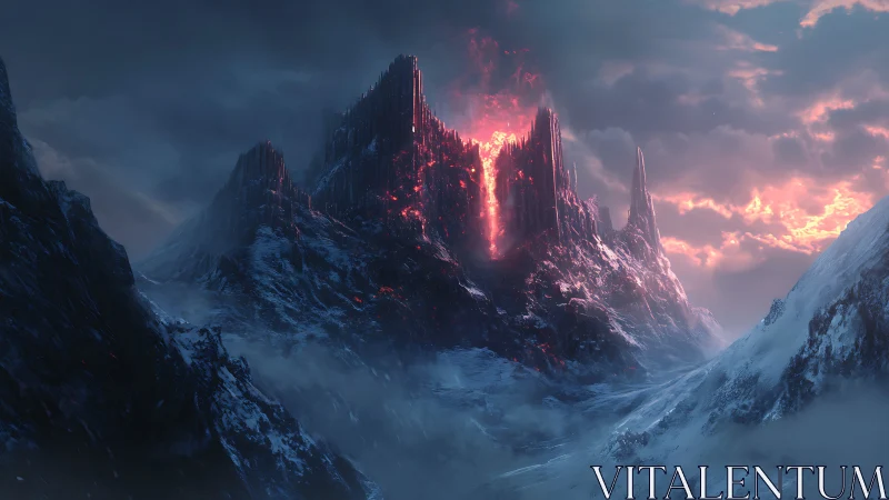 Molten citadel rises over frozen mountains at dusk