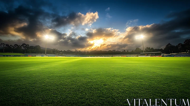 Floodlit sports field under dramatic evening sky view.
