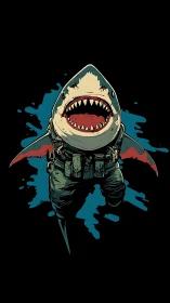 Militarized humanoid shark charges forward against black field