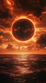 Solar eclipse ignites crimson seascape under storm-laden sky.