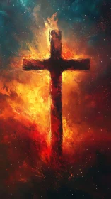 Burning cross silhouette against intense fiery backdrop.
