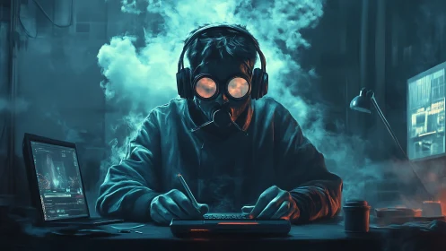 Nocturnal cyber-operator with respirator in vaporous lab.