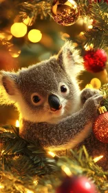 Tiny koala cuddles into glowing Christmas tree magic