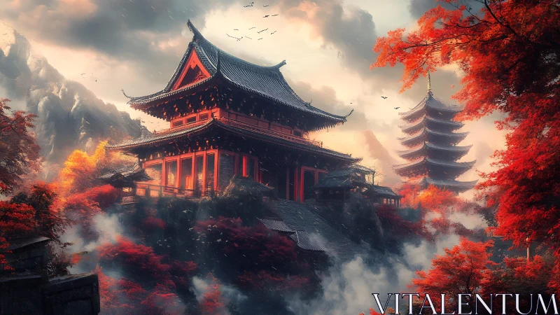 Crimson mountain temple dreaming in mist and autumn fire.