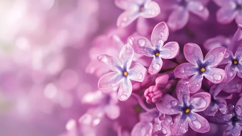 Dewey Lilac Macro Study with Soft Bokeh Background.